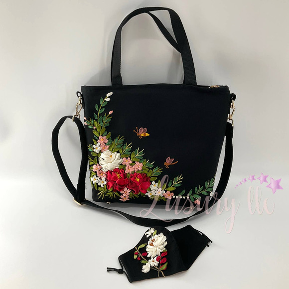Red Camellia Embroidery Convertible Tote Crossbody Bag, Matching Silk Mask - Picture 1 of 13